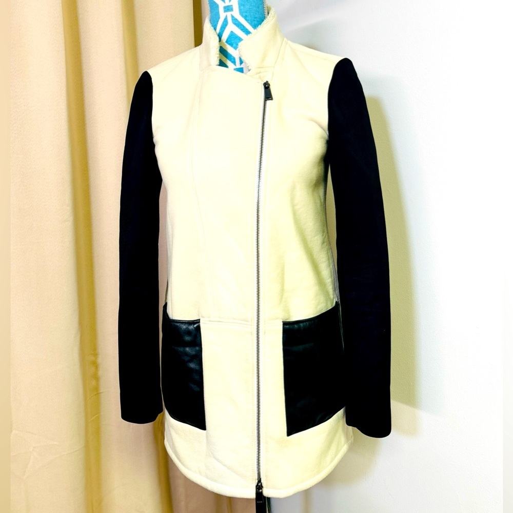 Tibi Moto Jacket Colorblock Career Zip Up Zipper Sleeve Cream/Black Sz 0